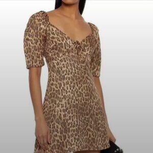 Alice + Olivia Brown Leopard Ruched Puff Sleeve Mini Dress